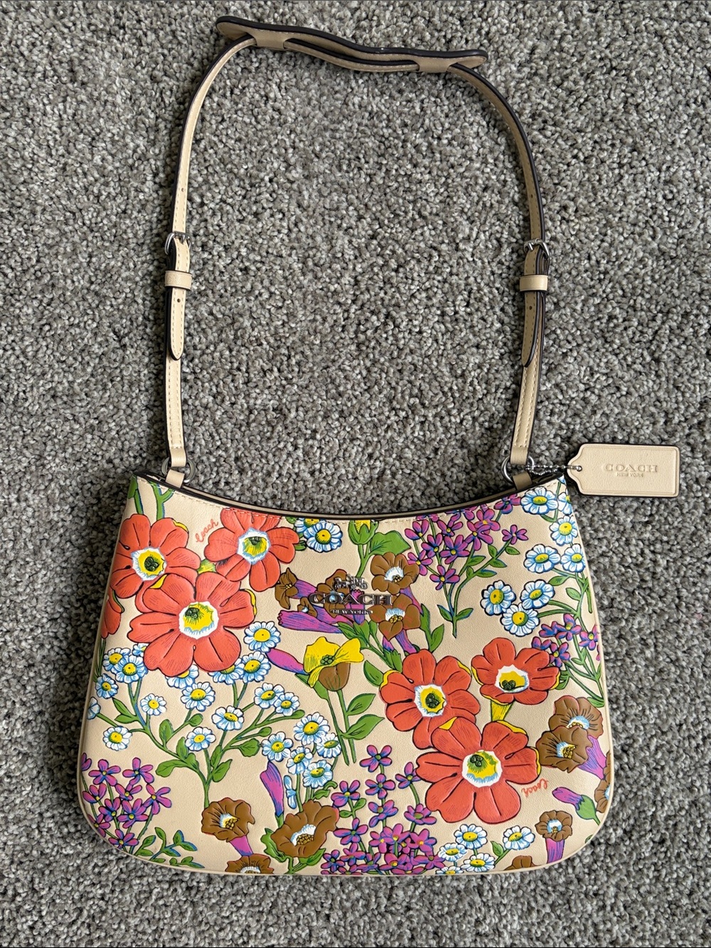 Coach Floral Shoulder Bag in Beige with Red, Purple, Blue and Green Accents